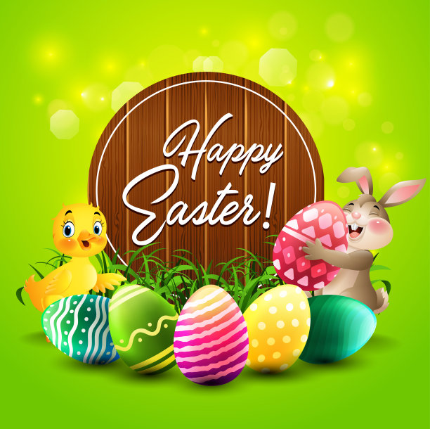 复活节贺卡有小兔子，鸭子，彩色的蛋，和一个木制的标志图片下载