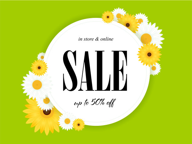 春季销售背景与美丽的鲜花在绿色的背景。图片下载