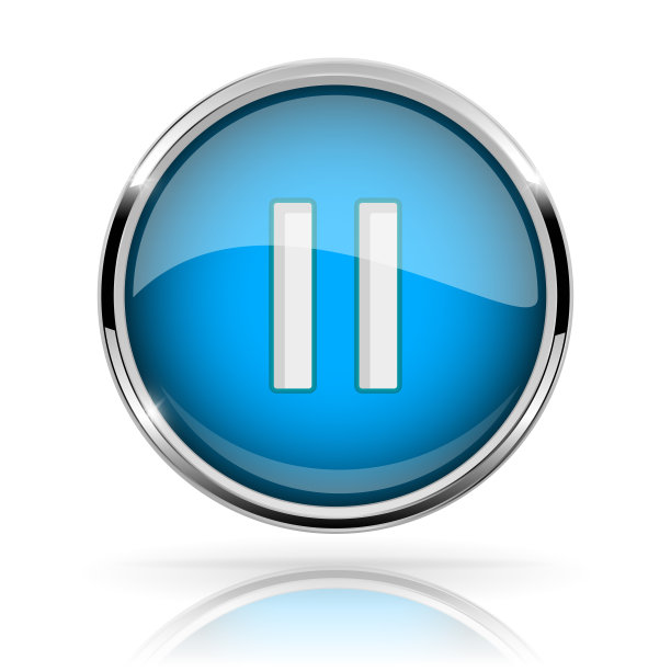 蓝色圆形媒体按钮。暂停按钮。闪亮的图标与铬框和反射图片下载