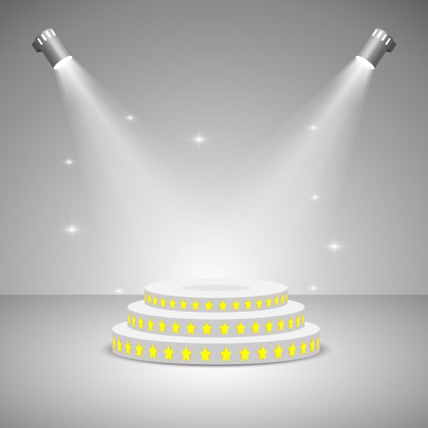 现场灯光向量。在灯光背景上被聚光灯照亮的底座。逼真的场景照明透明效果。两盏聚光灯照亮了演讲台图片下载