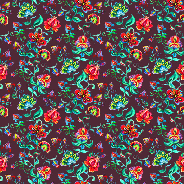 装饰仙女花在黑暗的背景。重复的模式。东欧民间艺术中的水彩画素材图片