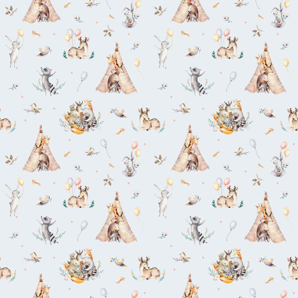 可爱的家庭宝宝浣熊，鹿和兔子。动物保育长颈鹿，和熊孤立插图。水彩画波西翁浣熊苗圃无缝图案。孩子的背景，托儿所的照片图片下载