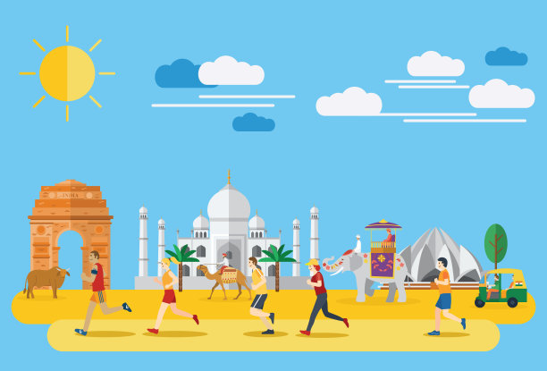 扁平风格，在印度跑步的人们插画图片下载