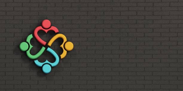 人们的心在砖墙黑墙。3D渲染插图图片下载