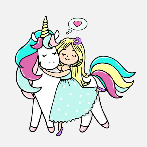 手绘的魔法独角兽和一个女孩。向量孤立的插图图片下载