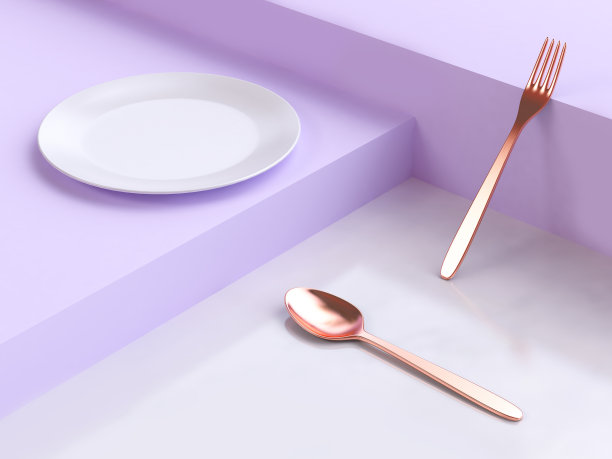 抽象紫紫白色几何地板场景盘铜叉勺三维渲染素材图片