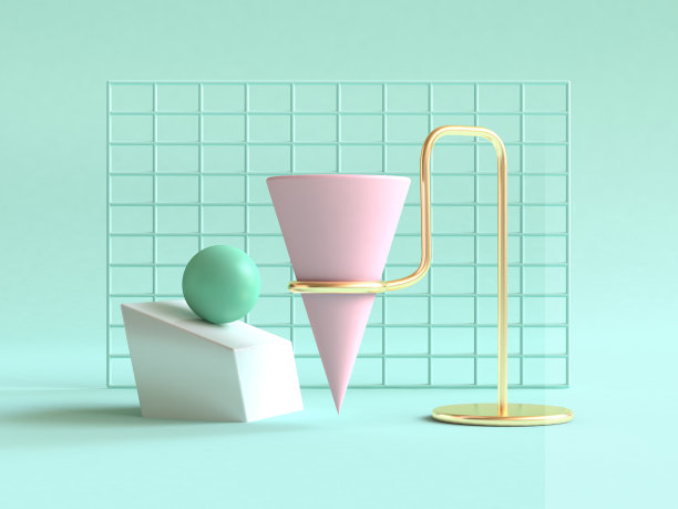 3d渲染绿色背景几何形状抽象静物场景粉红色绿色金色素材图片