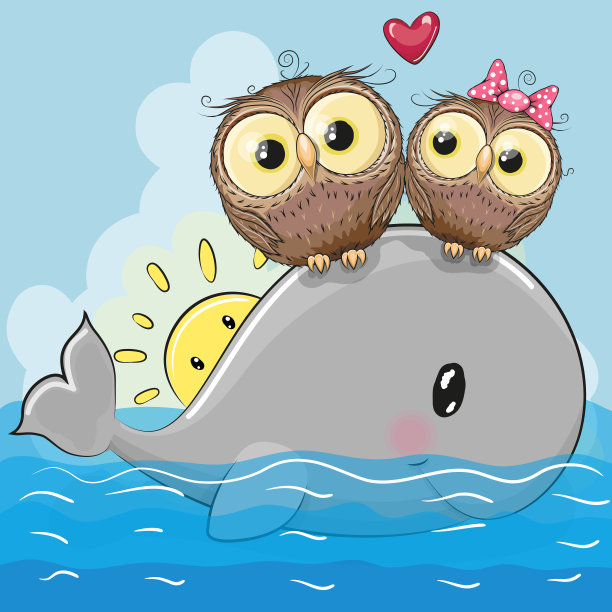 可爱的卡通猫头鹰正坐在鲸鱼上素材图片