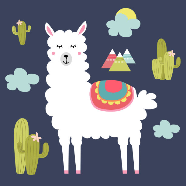 可爱的羊驼和仙人掌元素。可编辑的矢量图图片下载