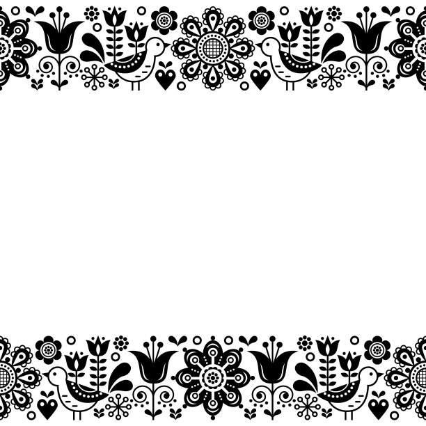 斯堪的纳维亚民间艺术复古向量贺卡设计，花装饰在黑色和白色图片下载