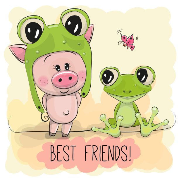 卡通小猪戴着青蛙帽和青蛙图片下载