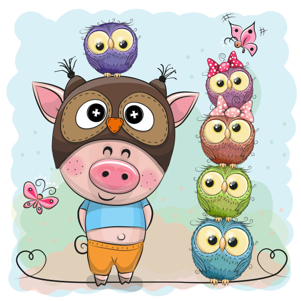 可爱的卡通猪和五只猫头鹰图片下载