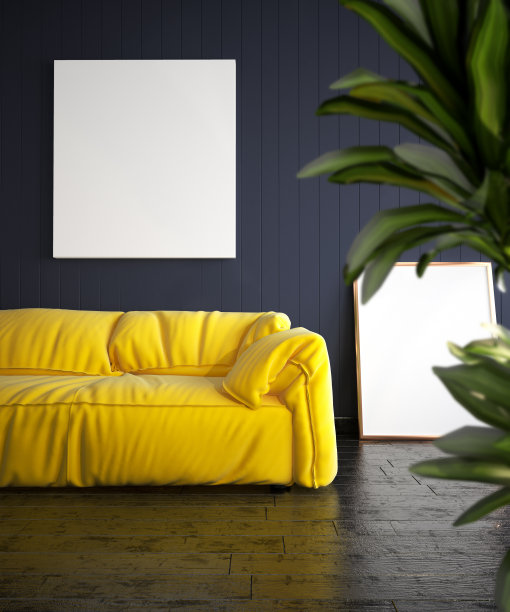 现代客厅，黄色沙发和海报模型图片下载