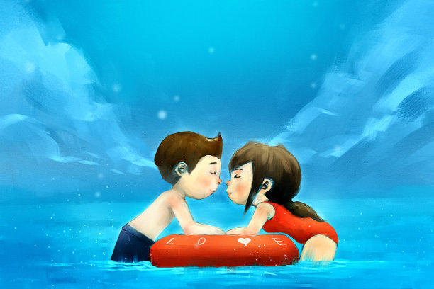 数码画的年轻夫妇放松在充气戒指，丙烯酸在画布上的纹理，讲故事的插图图片下载