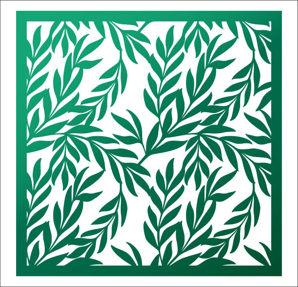 激光切割方形面板。有枝叶的镂空自然图案。完美的剪影装饰礼盒，墙艺术，屏风，面板栅栏，隔断，门或杯垫。矢量设计模板剪纸，木材，金属和木刻。图片下载