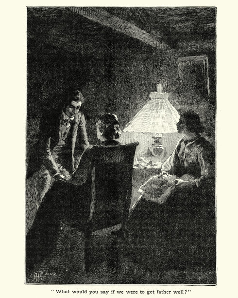 19世纪，维多利亚时代家庭晚上的讨论图片下载