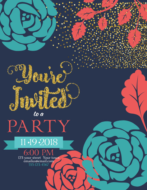 玫瑰派对邀请与闪光装饰图片下载