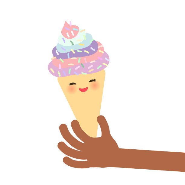 横幅模板为您的文字，卡设计与冰淇淋华夫蛋筒可爱可笑的口吻与粉红色的脸颊和闪烁的眼睛，柔和的颜色在白色的背景。向量图片下载