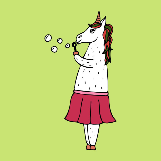 可爱的带着肥皂泡的手绘独角兽女孩。图片下载
