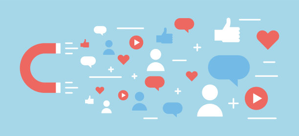 在线数字媒体磁铁和影响力。矢量背景插图概念流行，喜欢，评论，追随者。图片下载