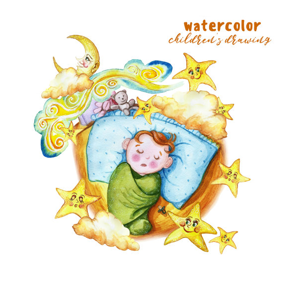 水彩画打印的儿童插画，一个孩子在尿布，婴儿是睡在枕头上，周围的星星和云彩，坐在旁边的一个柔软的玩具兔和熊，毛绒玩具为装饰和设计的儿童图片下载