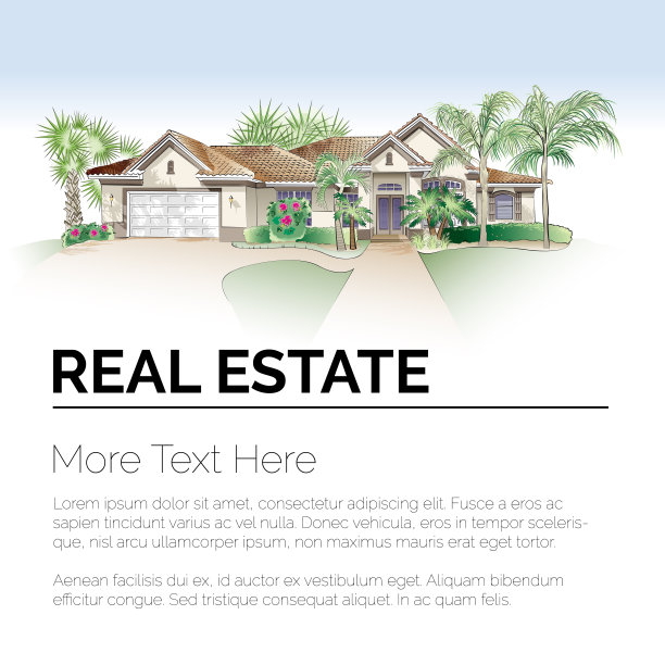 热带地产设计模板与南方风格的房子，棕榈树和郁郁葱葱的树叶图片下载