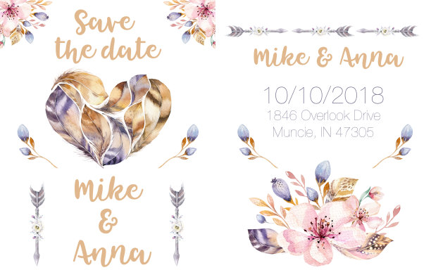 水彩画手绘邀请生机勃勃。波西米亚风格的羽毛心形海报。爱情插图孤立在白色。情人鸟飞设计的请柬，婚礼贺卡。明亮的颜色。素材图片