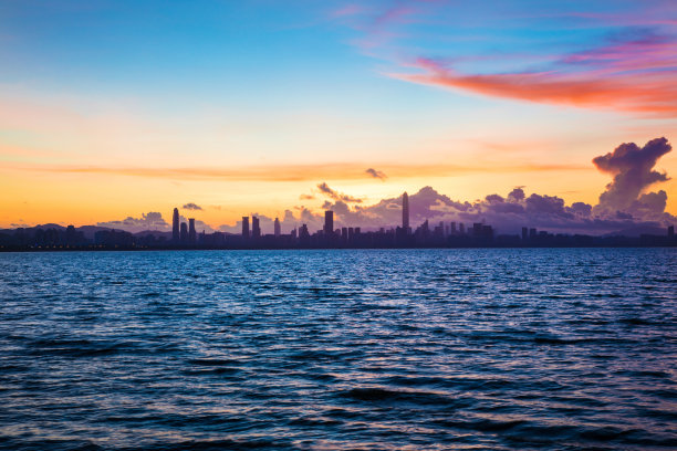 海滨城市日落，包括天际线图片下载