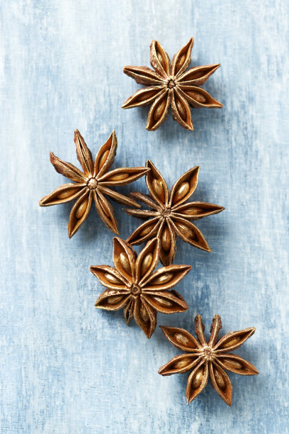 八角，香料水果和种子木质背景。食品的背景。前视图。图片下载