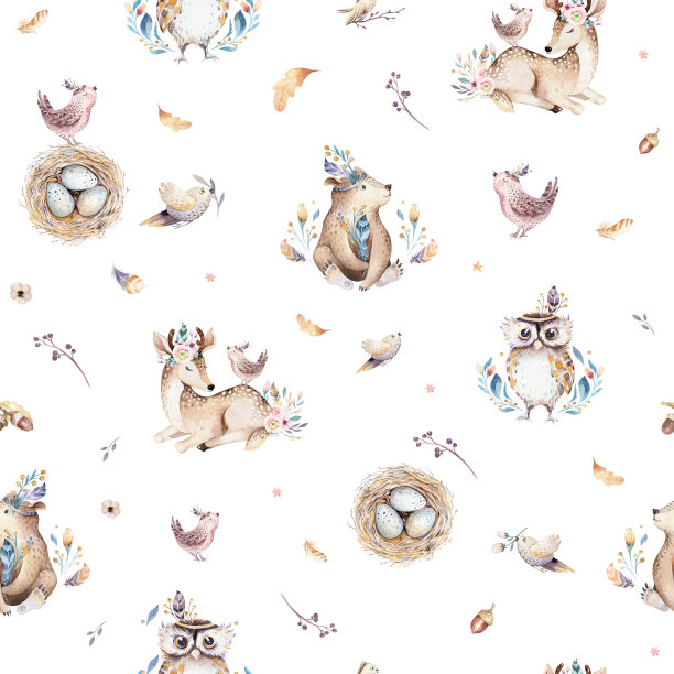 婴儿动物托儿所与兔宝宝无缝隔离模式。水彩波西米亚可爱的小狐狸，鹿动物，林地兔子和熊孤立的儿童插图。兔子森林形象素材图片