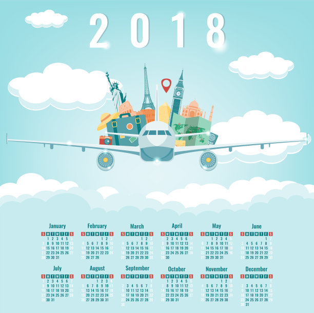 有世界著名地标的2018年日历。上周星期天开始。向量图片下载