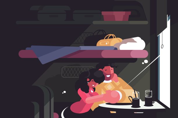 幸福情侣在火车车厢内旅行图片下载