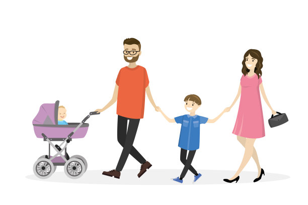 幸福的年轻家庭和婴儿车走路。图片下载