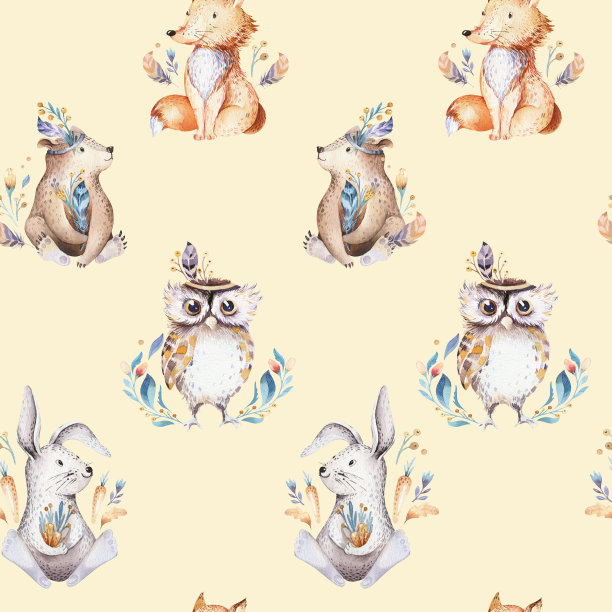 婴儿动物托儿所隔离无缝模式与班尼。水彩波西米亚可爱的小狐狸，鹿动物，林地兔子和熊孤立的儿童插图。兔子森林形象素材图片
