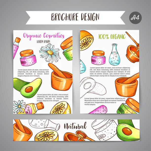 水疗俱乐部手册手绘化妆品和芳香疗法元素。卡通素描的天然化妆品。美容产品素材图片