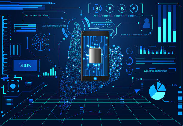 抽象技术UI未来概念手机界面全息图元素的数字数据图表，通信，计算和圆百分之活力创新在高科技未来的设计背景素材图片