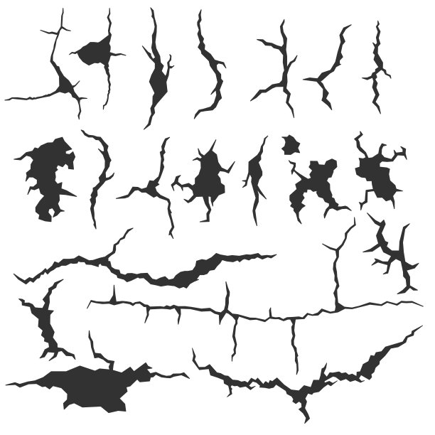 一组黑色的墙壁裂缝孤立在白色的背景。真实的墙壁断裂。裂缝破裂崩溃的插图图片下载