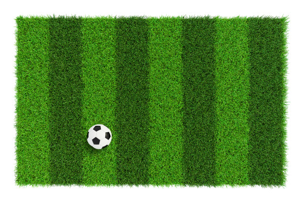 条纹足球场纹理与足球，背景与复制空间顶视图-孤立的白色背景图片下载
