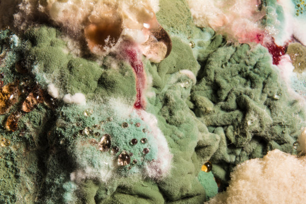变质食品上密集形成有色霉菌，背景抽象图片下载