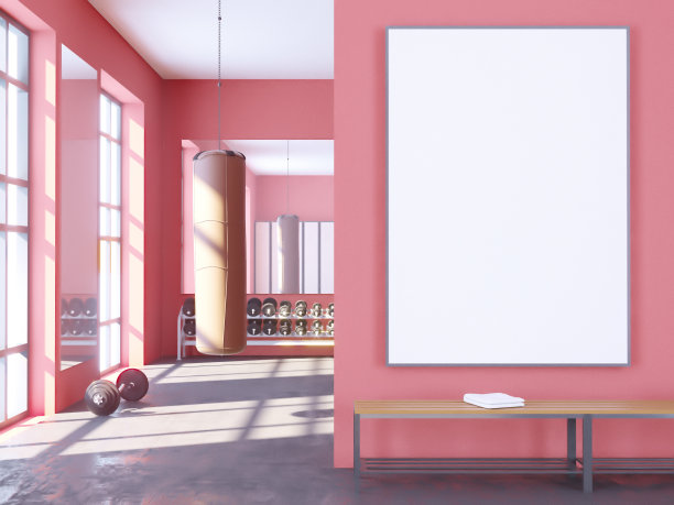 模拟场景，3d插图，运动，健身房，健身，更衣室空间，运动，模板，毛巾，教练，上，视图图片下载