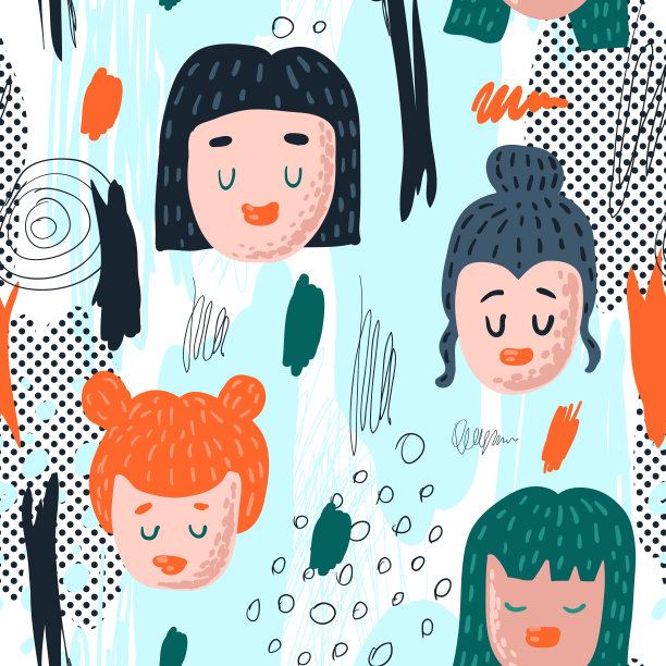 无缝模式与有趣的女孩的脸。手绘儿童背景与抽象元素的织物织物，墙纸，包装纸，装饰。矢量图图片下载