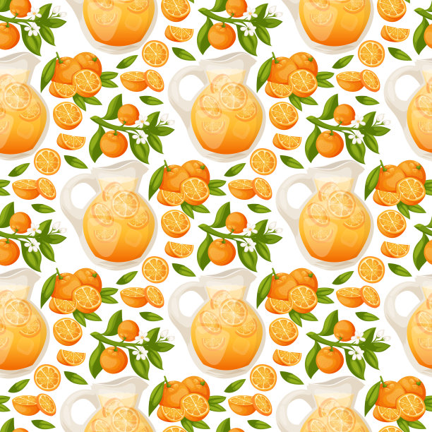 橙子和橙子产品载体插图天然柑橘水果载体多汁热带甜点美丽有机果汁健康食品无缝模式背景图片下载