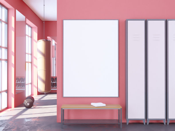 模拟场景，3d插图，运动，健身房，健身，更衣室空间，运动，模板，毛巾，教练，上，视图图片下载