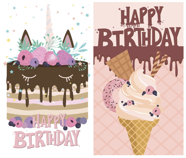 一套附有冰淇淋及蛋糕的生日卡图片下载