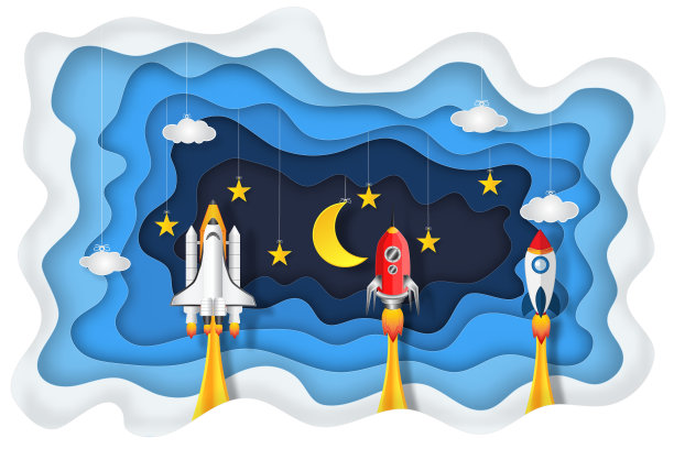 折纸层的天空，火箭发射，半月，星星和云朵在夜晚作为纸艺术，工艺风格和启动概念。矢量插画家。图片下载