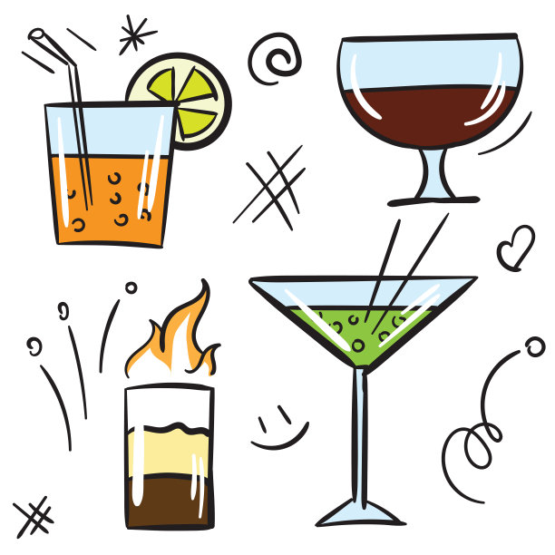 鸡尾酒颜色图标设置孤立的白色背景。酒精鸡尾酒杯和饮料在玻璃上饮用白色背景矢量图标图片下载