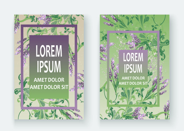 薰衣草花图案封面设计。手绘巴洛克花。高雅新潮的背景开花绿叶枝。图形插图婚礼，请柬，海报，卡片，封面，目录向量图片下载