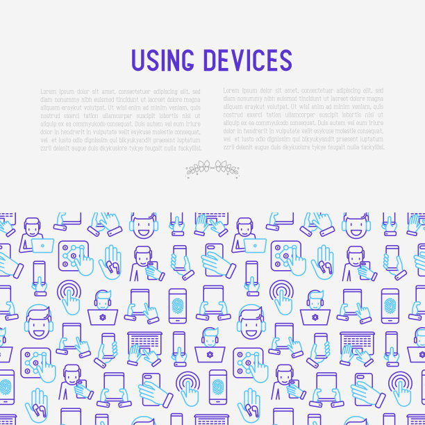 使用设备概念与细线图标:小玩意，平板电脑在手，触摸屏，指纹，笔记本电脑，无线耳机。现代矢量插图横幅，网页，印刷媒体。图片下载
