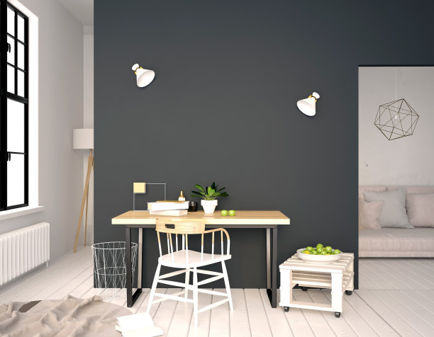 现代化的室内，一个学习的地方，由办公桌和椅子组成。3 d演示。墙模型图片下载