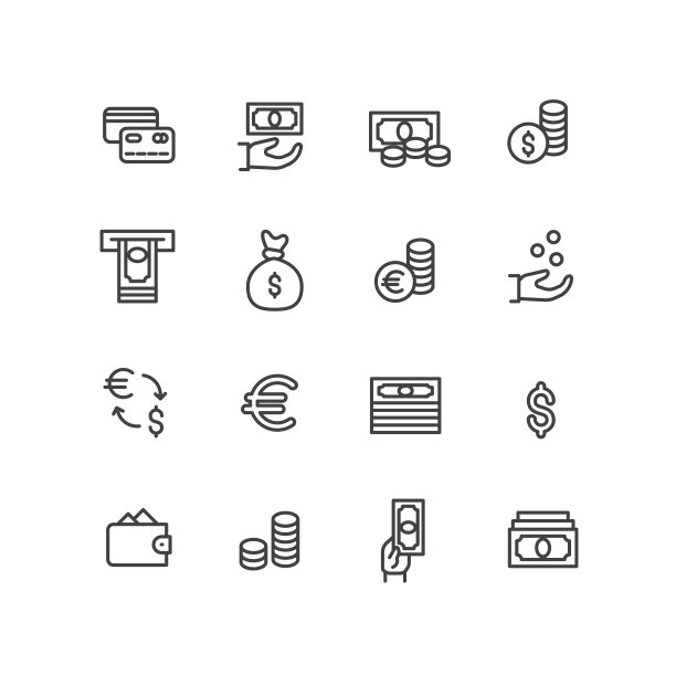 设置向量图标信用卡，现金在手和硬币袋，现金钱包图片下载